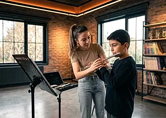 "Müzik Akademi yan flüt kursunda uzman genç eğitmen eşliğinde ilk diyafram ve nefes egzersizi çalışması."