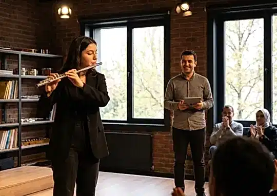 "Müzik Akademi yan flüt kursu mezuniyet performansı ve uzman genç eğitmen eşliğinde sahne deneyimi."