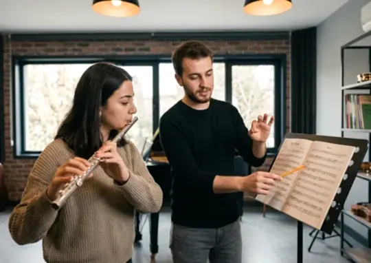 "Müzik Akademi yan flüt dersinde genç eğitmenle Majör gam ve Batı müziği repertuvarı icrası çalışması."